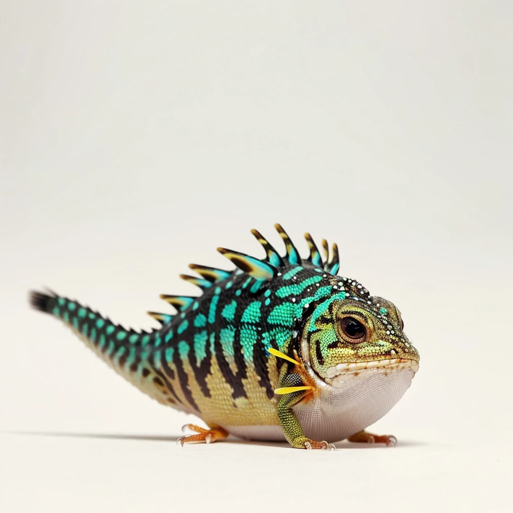 Small Animals, pufferfish mixed with House lizard, has white and red stripes on its body, Grassroots, no background, (has beard), ((no eyes))