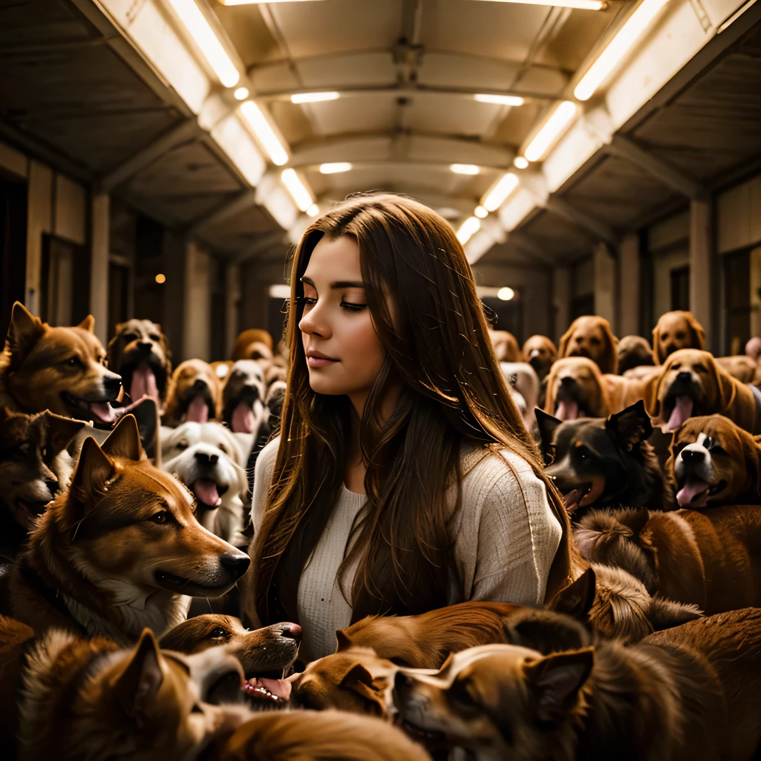 woman with light brown long  hair in the center and 50 dogs around her , a lot of dogs on a background, cinematic photo