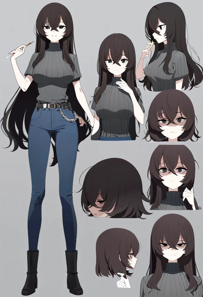 One Woman,Downer,older sister,Concept Art,Dark brown hair,Straight hair with slight inward curls,Staring eyes,Eye Ridge,black eye,Crossed bangs,whole body,smile,Slightly larger breasts,Gray background,Bangs that reach down to the eyes,Messy hair,Tight dark jeans,Gray turtleneck sweater,Multiple views of the same character,Character Design,Dark circles under the eyes,Bad look,Listless,Sloppy,Silver Jewelry,Cafe staff,Holding a cigarette,whole bodyCharacter Design,Detailed hands,Height: 170cm,boots,