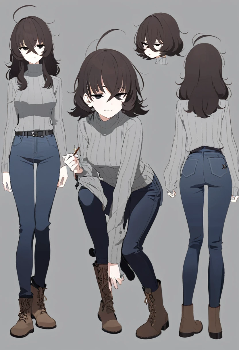 One Woman,Downer,older sister,Concept Art,Dark brown hair,Straight hair with slight inward curls,Staring eyes,Eye Ridge,black eye,Crossed bangs,whole body,smile,Slightly larger breasts,Gray background,Bangs that reach down to the eyes,Messy hair,Tight dark jeans,Gray turtleneck sweater,Multiple views of the same character,Character Design,Dark circles under the eyes,Bad look,Listless,Sloppy,Silver Jewelry,Cafe staff,Holding a cigarette,whole bodyCharacter Design,Detailed hands,Height: 170cm,boots,