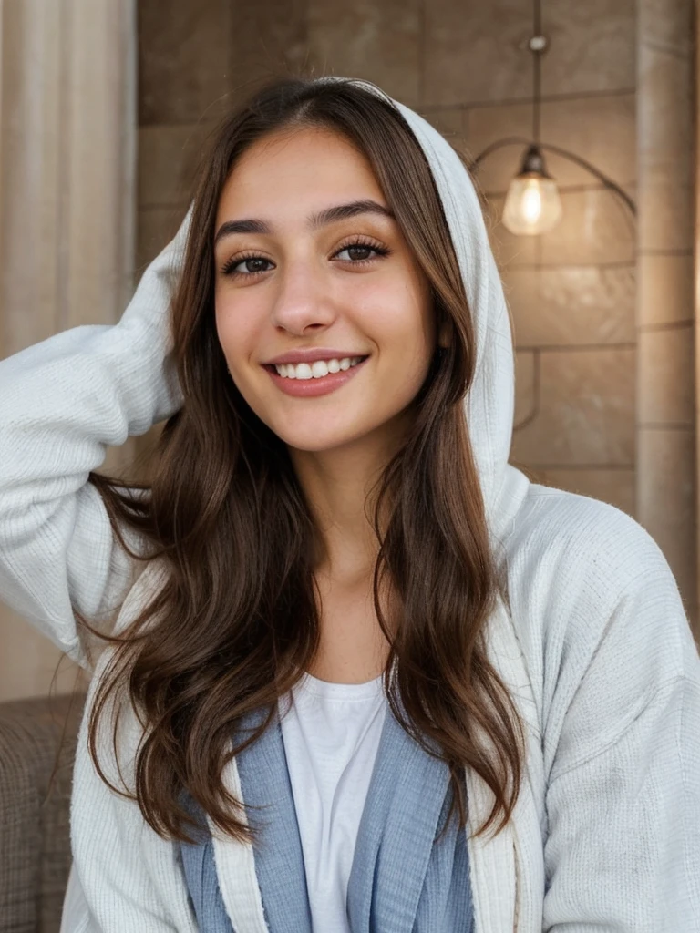 one cute women, 20YO, white, Arab, cute face, realistic brown eyes, blue jacket, brown hair, cute smile, skinny face, white realistic teethes, big eyes, long hair