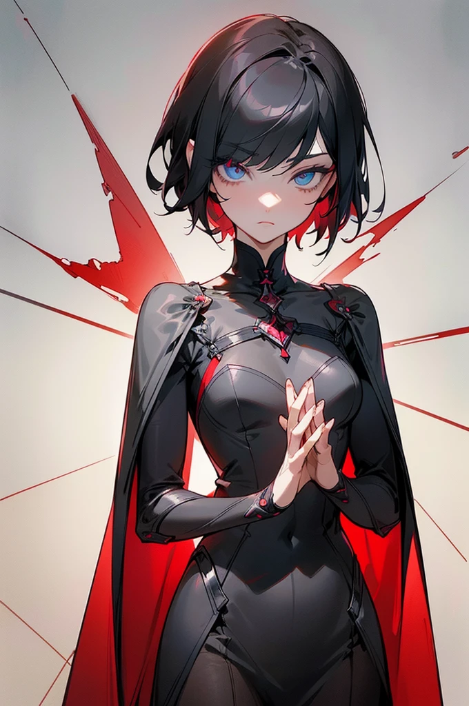 ruby rose, ruby rose, short hair, black hair, redhead, (gray eyes:1.5), break dress, pantyhose, cape, break looking at viewer, break outdoors, break (masterpiece:1.2), highest quality, High resolution, unity 8k wallpaper, (figure:0.8), (detailed and beautiful eyes:1.6), highly detailed face, perfect lighting, Very detailed CG, (perfect hands, perfect anatomy),