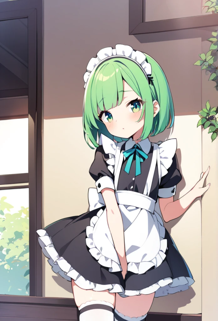1 girl, cute, young, green hair, bob haircut, green eyes, maid, thigh high,