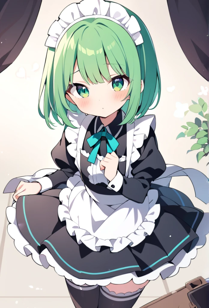 1 girl, cute, young, green hair, bob haircut, green eyes, maid, thigh high,