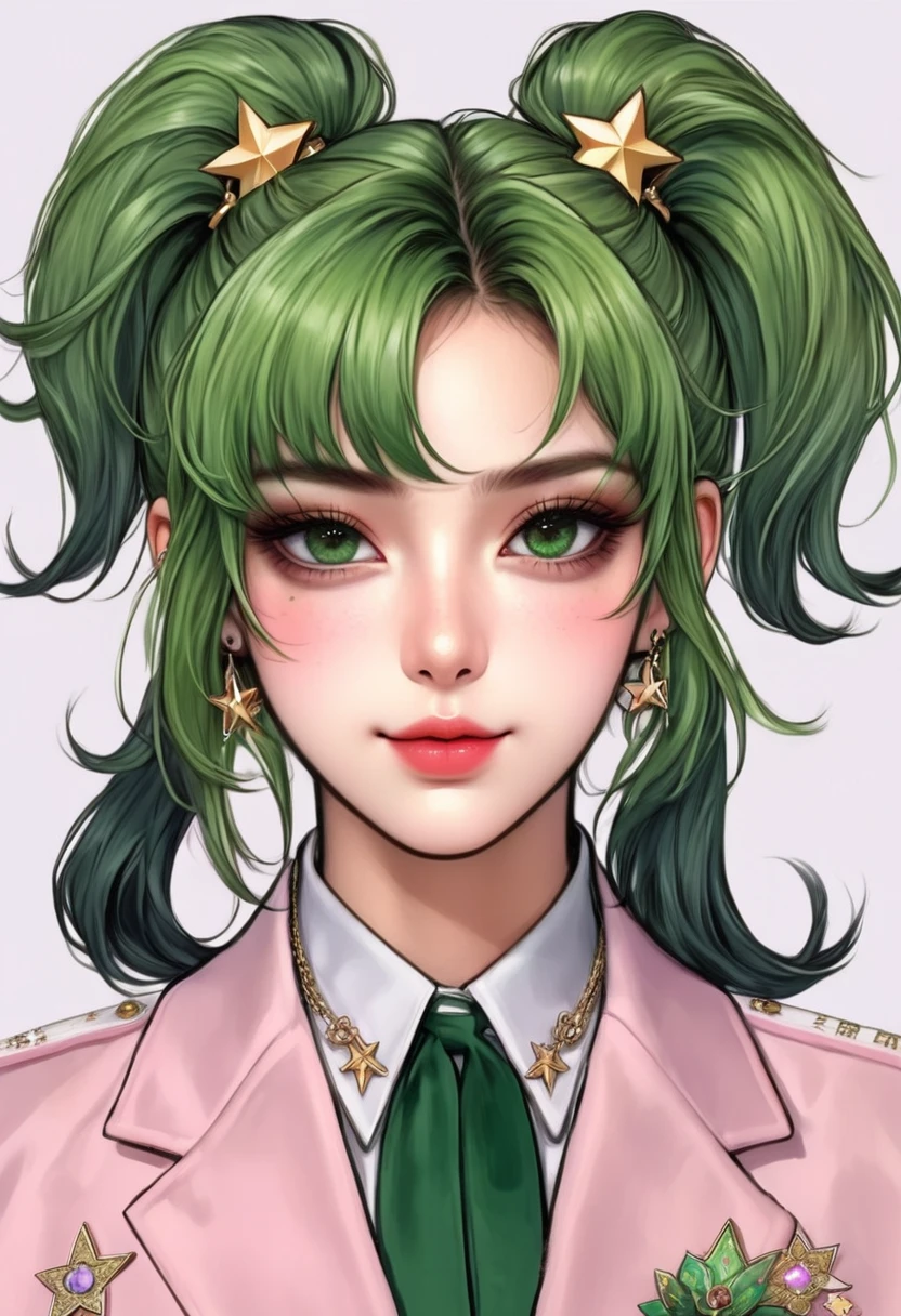 (Digital Illustration,Detailed anime style girl portrait,Solitary,symmetry),(Big colorful eyes,Fashionable and exquisite facial features,Exquisite makeup,Sweet smile,Star symbol mark on cheek,Soulful gaze,),(Fluffy high ponytails,Hairpin),(White high collar lace shirt,Green suit,Epaulettes-Chain,cool,),Clean and simple white background,(((Correct human anatomy))),(((sunshangxiang)))