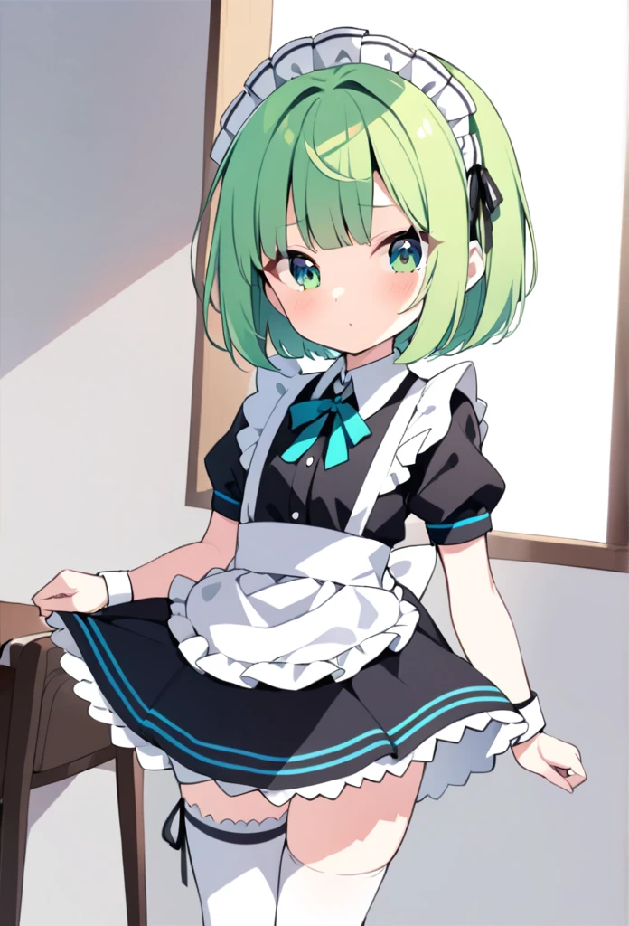 1 girl, cute, young, green hair, bob haircut, green eyes, maid, thigh high,