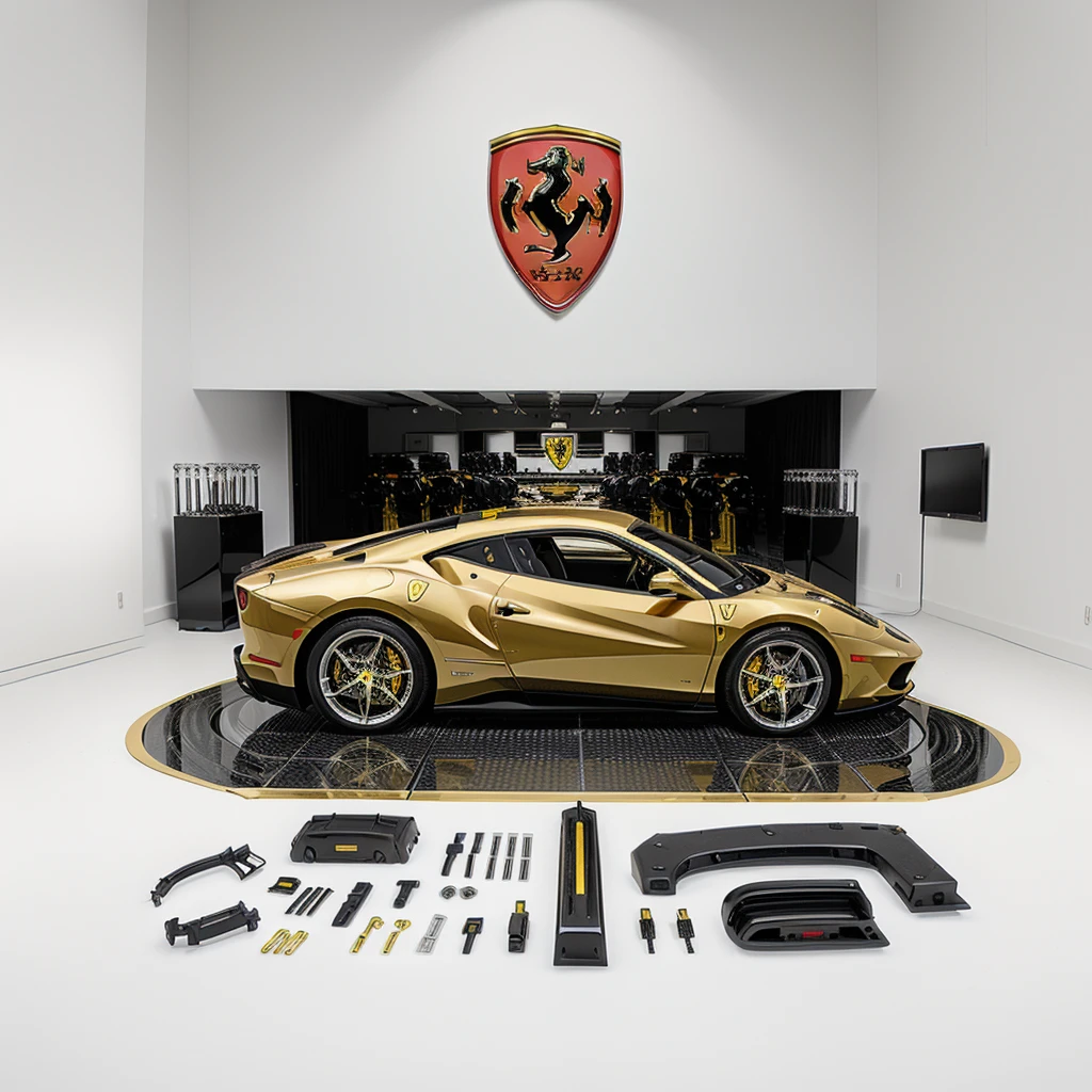 future gold and black crown made of car parts and logo ferrari, white background