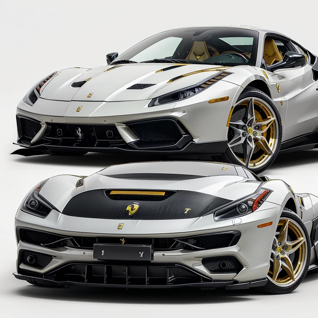 future gold and black crown made of car parts and logo ferrari, white background