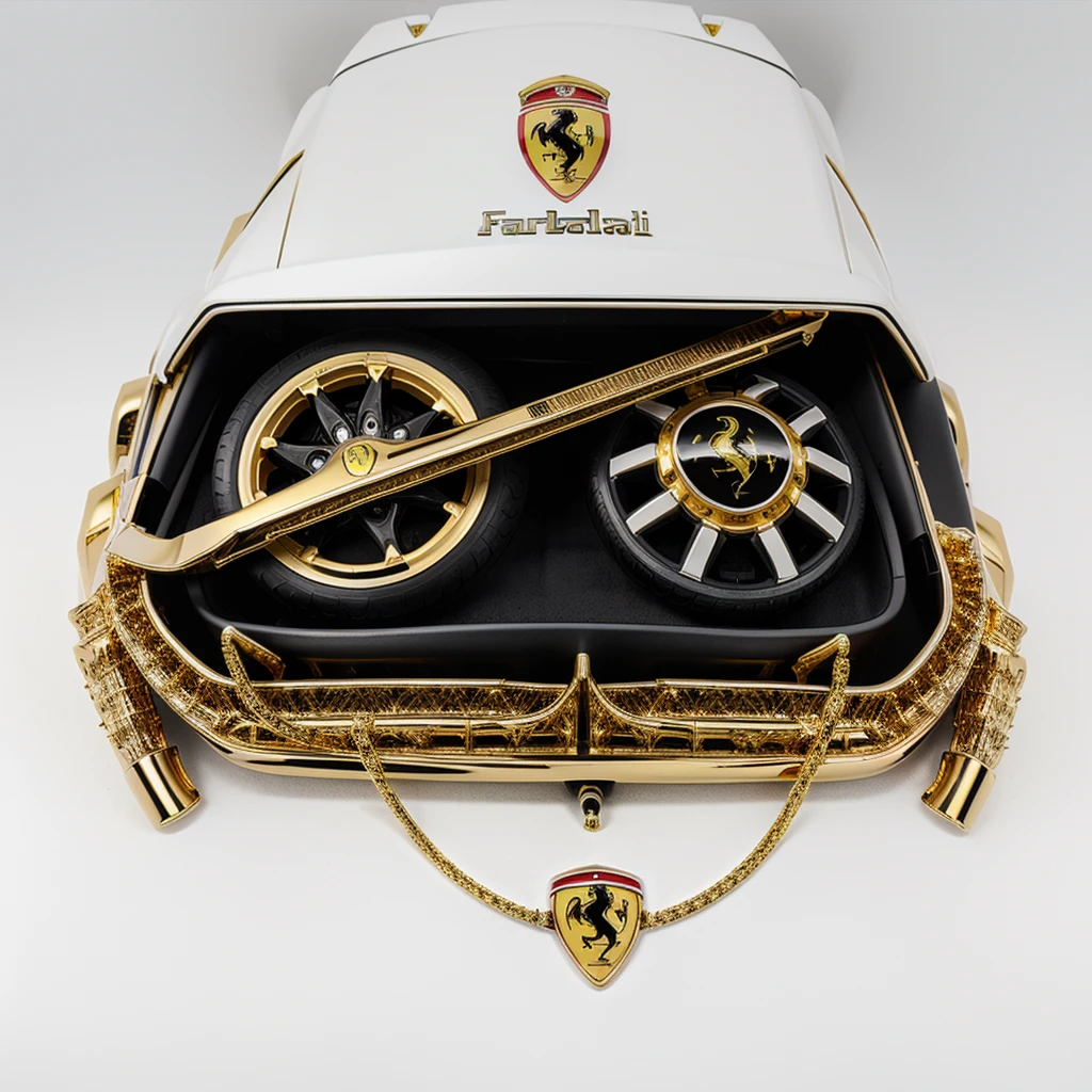 future gold and black crown made of car parts and logo ferrari, white background