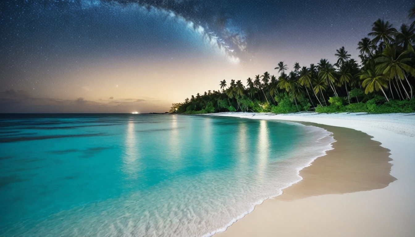 "A beach with clear, bright blue water, soft white sand, beautiful coconut trees, and a clear night sky filled with stars."
