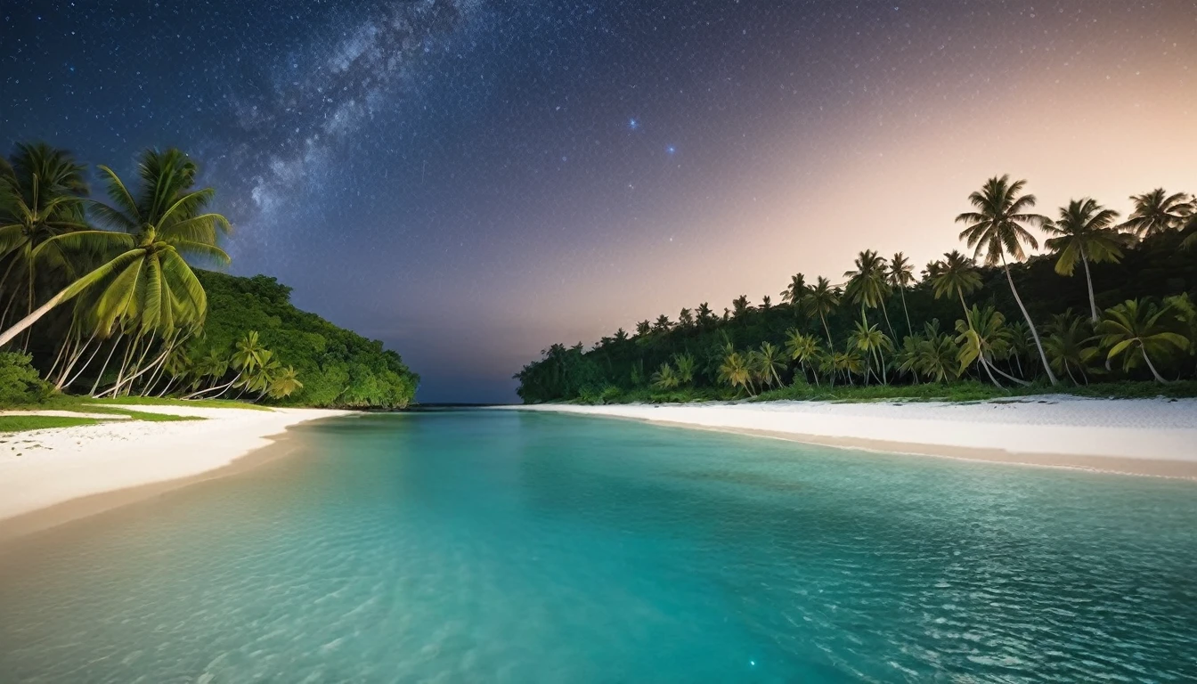 "A beach with clear, bright blue water, soft white sand, beautiful coconut trees, and a clear night sky filled with stars."