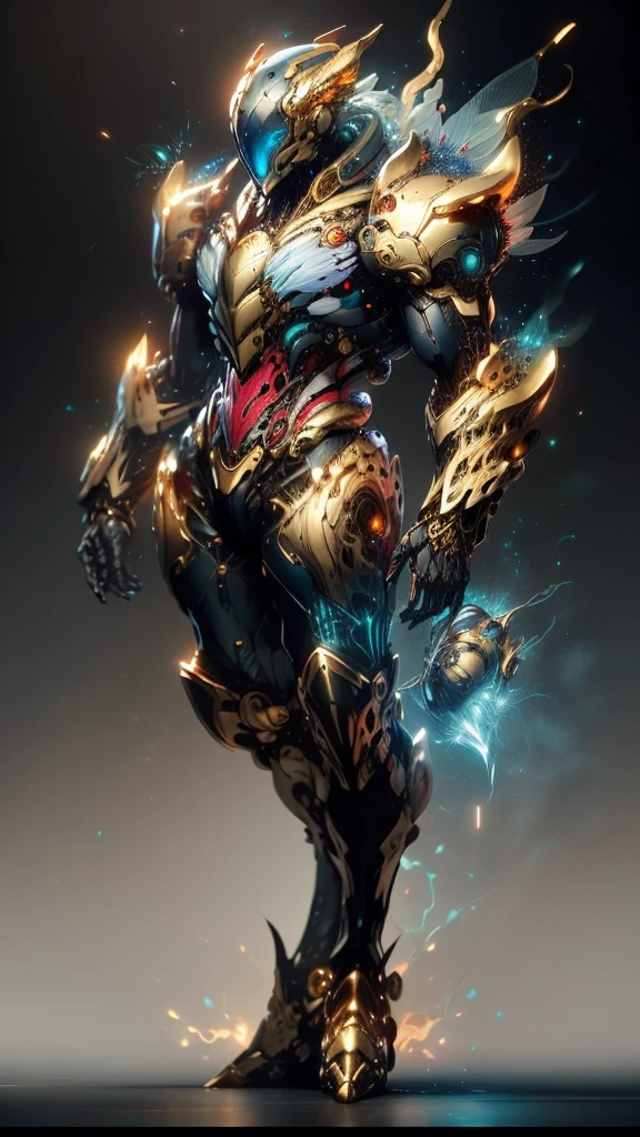 A woman adorned in fantasy-style full-body armor, a crown-concept fully enclosed helmet that unveils only her eyes, a composite layered chest plate, fully encompassing shoulder and hand guards, a lightweight waist armor, form-fitting shin guards, the overall design is heavy-duty yet flexible, (the armor gleams with a golden glow, complemented by red and blue accents), exhibiting a noble aura, she floats above a fantasy-surreal high-tech city, this character embodies a finely crafted fantasy-surreal style armored hero in anime style, exquisite and mature manga art style, (mixture of Queen bee and Spider concept Armor, plasma), ((Element, elegant, goddess, femminine:1.5)), metallic, high definition, best quality, highres, ultra-detailed, ultra-fine painting, extremely delicate, professional, anatomically correct, symmetrical face, extremely detailed eyes and face, high quality eyes, creativity, RAW photo, UHD, 32k, Natural light, cinematic lighting, masterpiece-anatomy-perfect, masterpiece:1.5