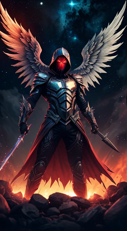 masterpiece, best quality, absurdres, 4k, 8k, uhd
create fallen archangel,detailed angel wins, bloodlust, red glowy eyes, eerie, creepy, nightmarish, very bright colors, light particles, wallpaper art, cosmic energy,high detailed