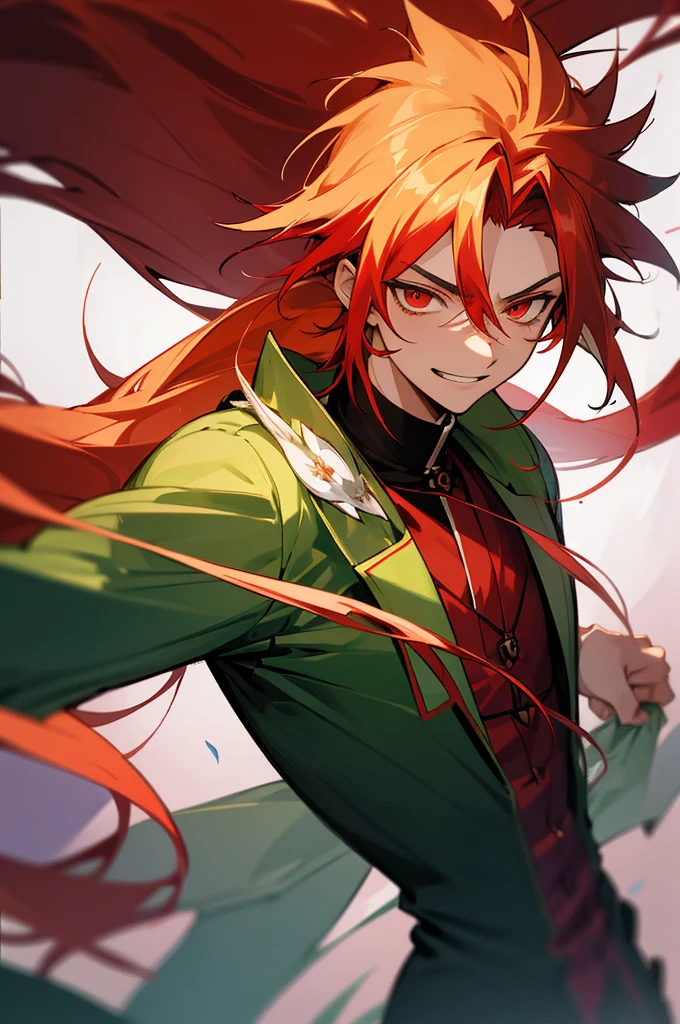 Kamitsu no Yiba, one boy, Kyogoro Rengoku, very long hair, spiked hair, blonde hair, multi-colored hair, two-colored hair, red hair, solo, one boy, male focus, serious and smiling face, , multi-colored eyes, Kajuran, red eyes, school