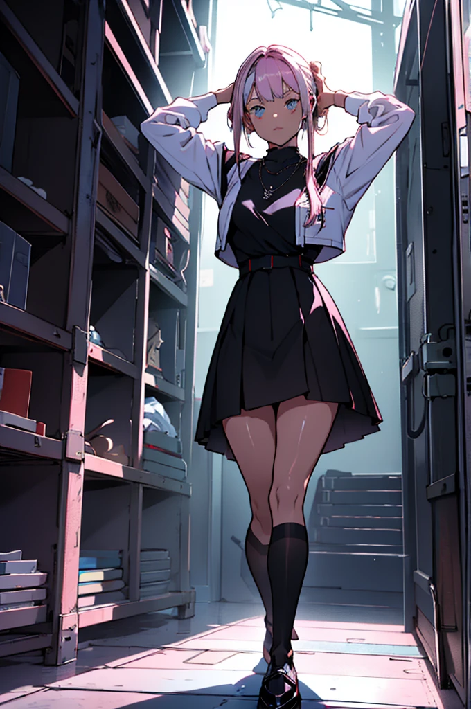 ((Work of art)), 4k, 1 woman, alone, long pink hair, navy blue eye color, eyes with details of numbers 0101010, dark skin color, black skirt with white stripes, wearing black thin socks, black ankle boots, pink long-sleeved sweater, with a necklace with the discord symbol, looking at the screen, camera nearby, arms raised, she is connected to several wires, dark room scenario, some PC tiles in the background.