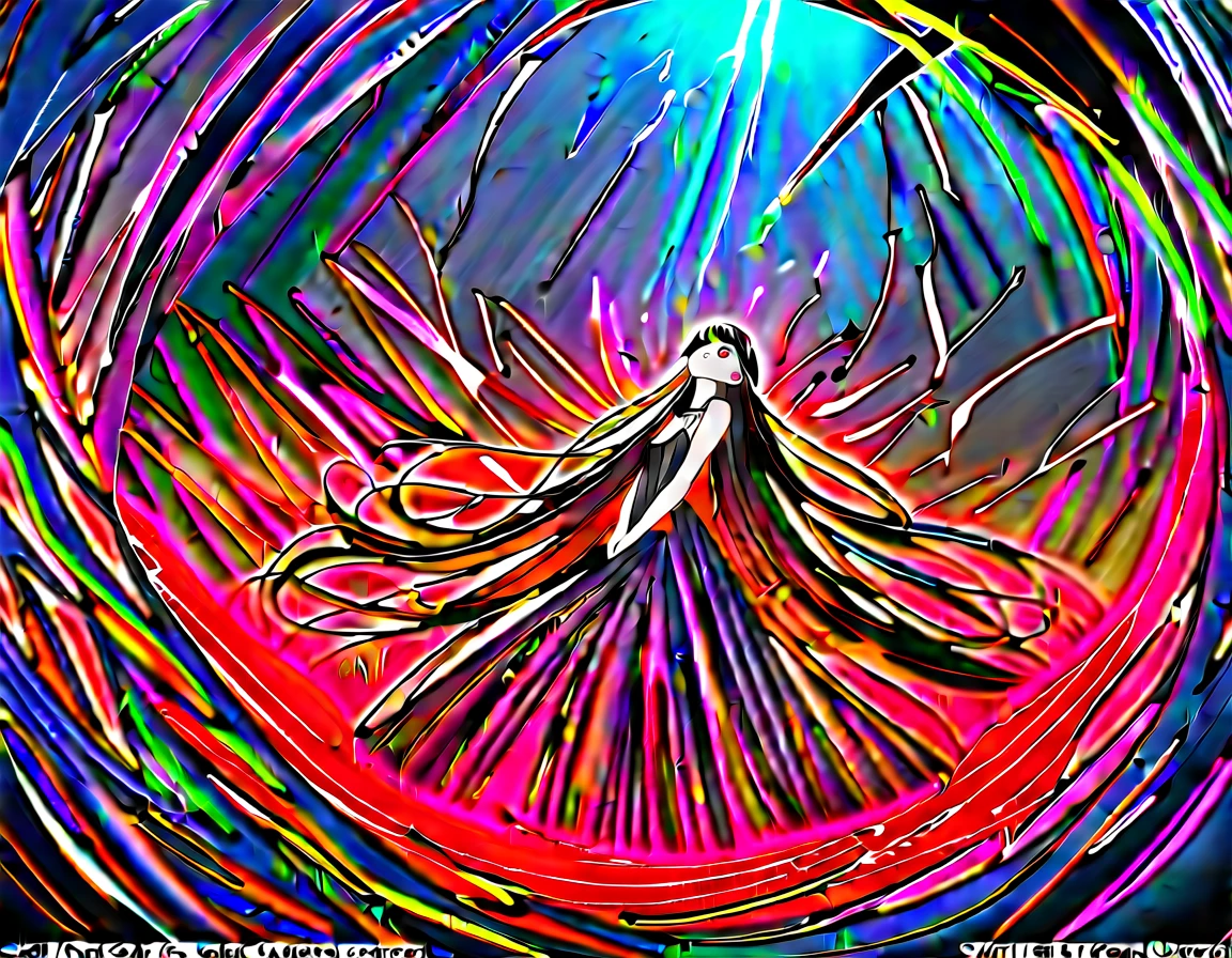 8k, (masterpiece, absurd quality, best quality, official art, beautiful and aesthetic:1.2), professional, vivid color, black hair, glowing red eyes, in the darkness, looking up, intense, in the darness, web, spider, arachne, detailed background,fantasy setting, dark castle background, long hair, flowy, wind, gloomy, dress, frills, dark magic,