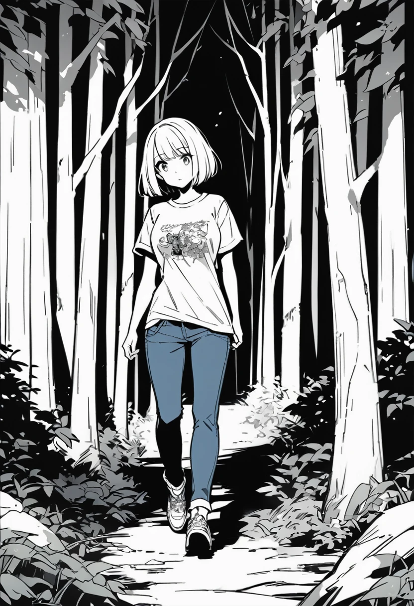 Black and White、Manga style、Line art、girl walking in forest、Shortcut Rare、Bob Cut Hair、T-Shirts、jeans