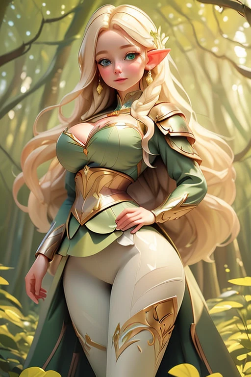 (masterpiece, best quality), 1 Girl, Elf, Blonde hair, Green Eyes, (((Full and soft breasts,)))(((Large Breasts))) (((Cleavage))),, beautiful, detailed, A magical breastplate inlaid with precious gems, White knee-length leggings, Seductive pose, in the forest, Magic Plants, detailed face and eyes, Volumetric Light,