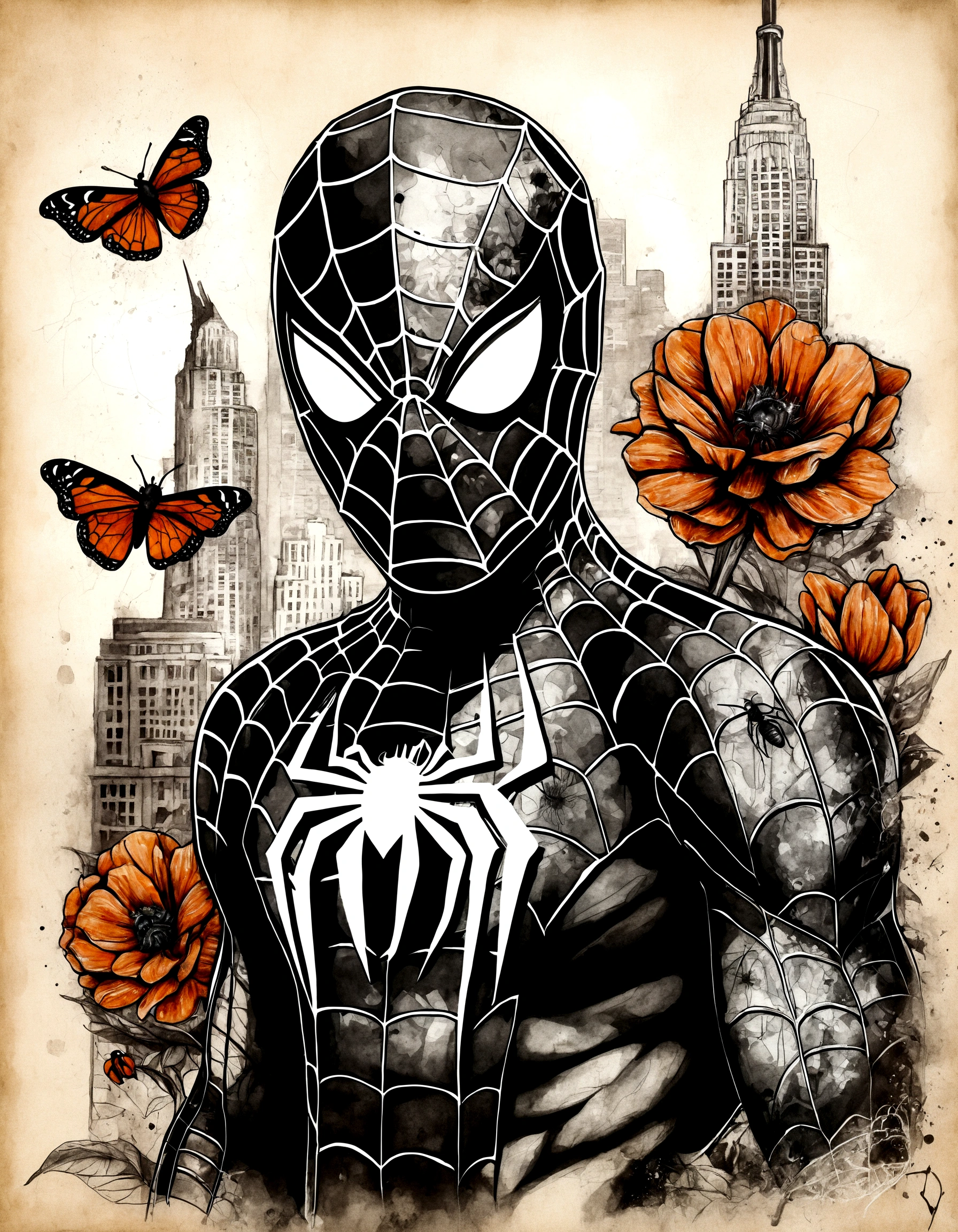 A mixed media of Spiderman in New York, flowers and spiders on handwritten letters texture background. The artwork combines ink drawing, watercolor washes, charcoal details, splattered paint effects, and black line drawings to create a richly textured and multilayered composition. It is filled with soft colors, creating an elegant atmosphere. In the center there's the spider. There are also various other creatures in closeup, such as butterflies