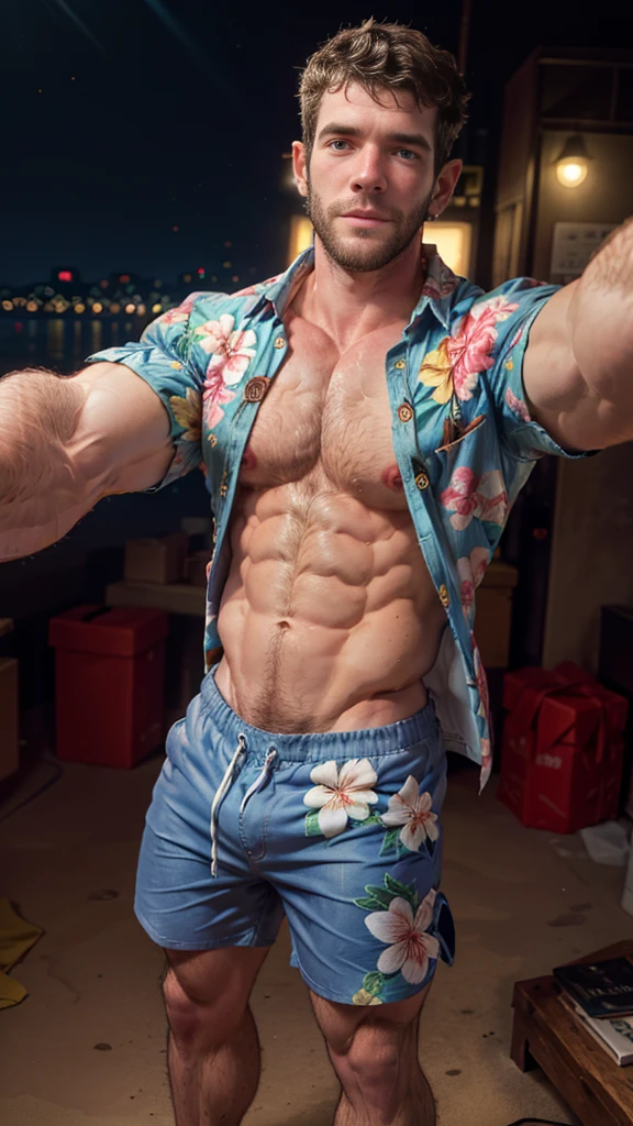 Masterpiece, denoise, void noise, one man, best quality, 8k resolution, male focus, focus only, amazing composition, volumetric lighting, super quality, elegant, Very detailed, beach, front view, facing viewer , -----------, 35 years old, mature face, muscular, thin body, Caucasian, (((white skin, pale skin))), handsome, (detailed light-blue eyes), light brown hair, big ears, (((hairy pectorals, thick plenty chest and body hair))), ((Medium long beard)), (((((Jim Sturgess Russell Tovey mixed face and hair))))), (((big nipples, perky nipples))), ------------, ((((detailed shorts)))), ((((clear color hawaiian style short sleeve shirt)))), (((holding frame pov: like taking a selfie)))