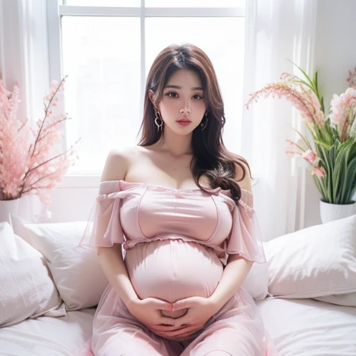 A woman，30s，人妻 A pregnant woman，pregnant，Big belly，Big belly with twins，10 months pregnant，Pretty Face，Sexy body，Long hair，Wearing a pink transparent off-shoulder dress，