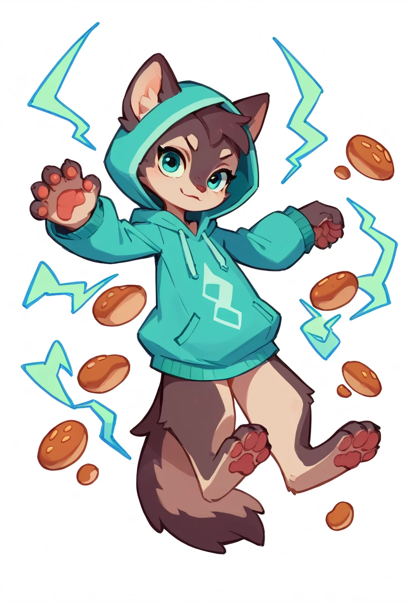 The Q version of the cute wolf,throwing electricity, seductive pose, seductive expression, white background, hoodie, paws, beans