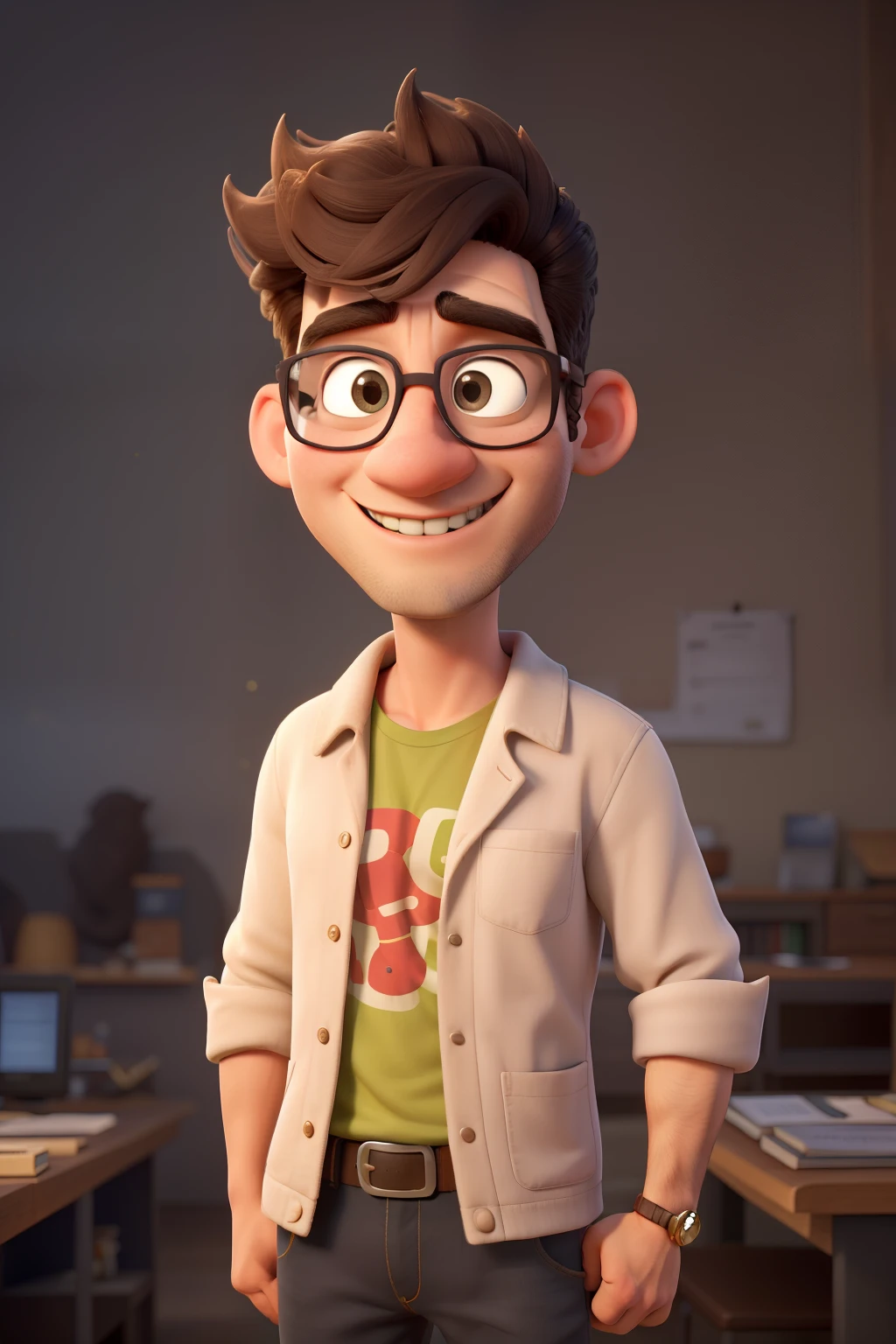 criar a imagem de um professor professor de meia idade, em estilo de desenho Pixar, with a slender and elegant physique, com uma postura divertida, com idade de cerca de 40 anos, com bastante barba no rosto, already with some light wrinkles that denote wisdom, de cor de Pele Branca. He should have a face with a beard with some gray hairs mixed in., cabelos curtos, smooth with some natural waves, bem cheio e de cor preta. He must be wearing thin, gold-rimmed, intellectual-style glasses., wearing jeans and a Pink Floyd t-shirt, have a sweet smile facial expression, sharp and intelligent look showing an intelligent and sweet personality, but with a touch of sarcasm. Na imagem, He should be in a pose that reflects his intelligence and confidence, maybe with a book or scientific formulas around, indicating his passion for physical chemistry.
