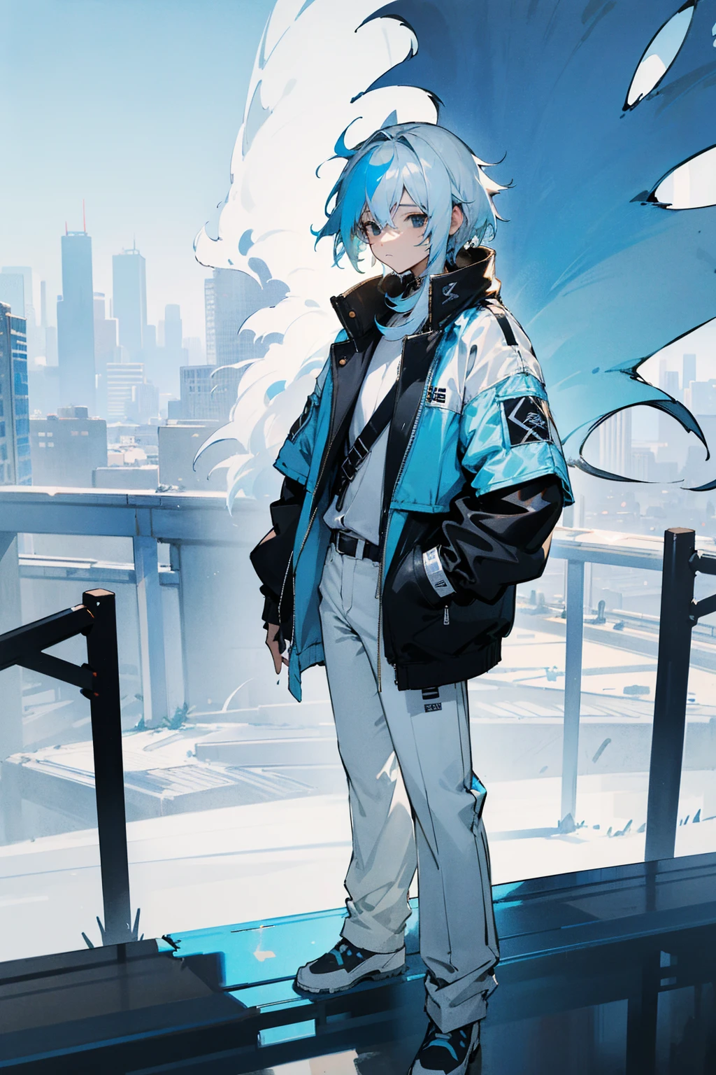 1male, white hair, blue hair, oumbre hair, two tone hair, teenager, short hair, messy hair, black eyes, oversized light blue jacket, white shirt, layered clothing, white pants, city background, detailed background, hands to side, standing on path, expressionless