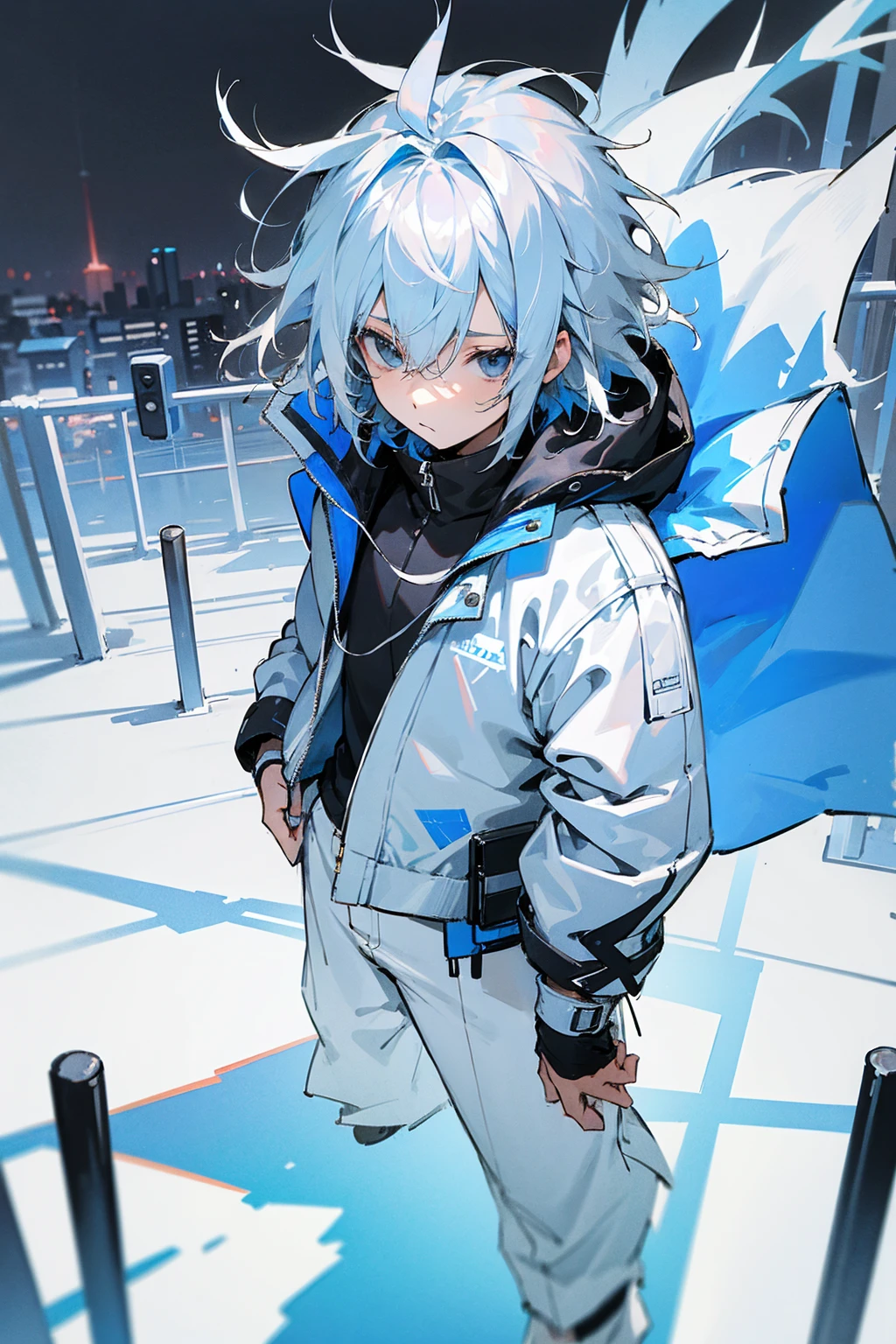 1male, white hair, blue hair, oumbre hair, two tone hair, ager, short hair, messy hair, black eyes, oversized light blue jacket, white shirt, layered clothing, white pants, city background, detailed background, hands to side, standing on path, expressionless