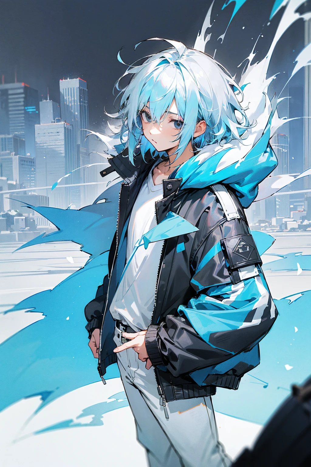 1male, white hair, blue hair, oumbre hair, two tone hair, teenager, short hair, messy hair, black eyes, oversized light blue jacket, white shirt, layered clothing, white pants, city background, detailed background, hands to side, standing on path, expressionless