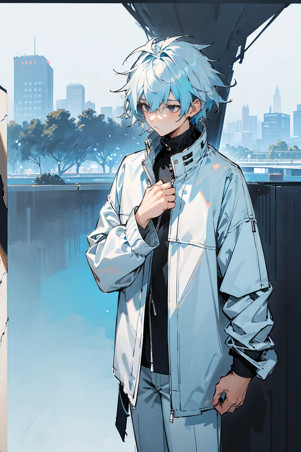 1male, white hair, blue hair, oumbre hair, two tone hair, teenager, short hair, messy hair, black eyes, oversized light blue jacket, white shirt, layered clothing, white pants, city background, detailed background, hands to side, standing on path, expressionless