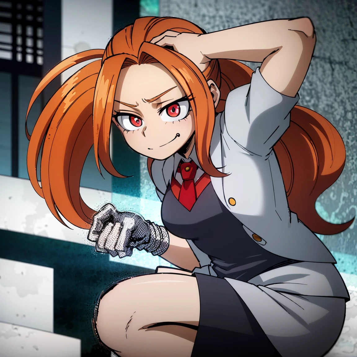 1girl, female focus, adagio dazzle, boku no hero academia, masterpiece, best quality, very aesthetic, absurdres, curly ponytail hair, orange hair, crimson eyes, smirk, gray jacket, red tie, white shirt, teal skirt, gray tights, boots 