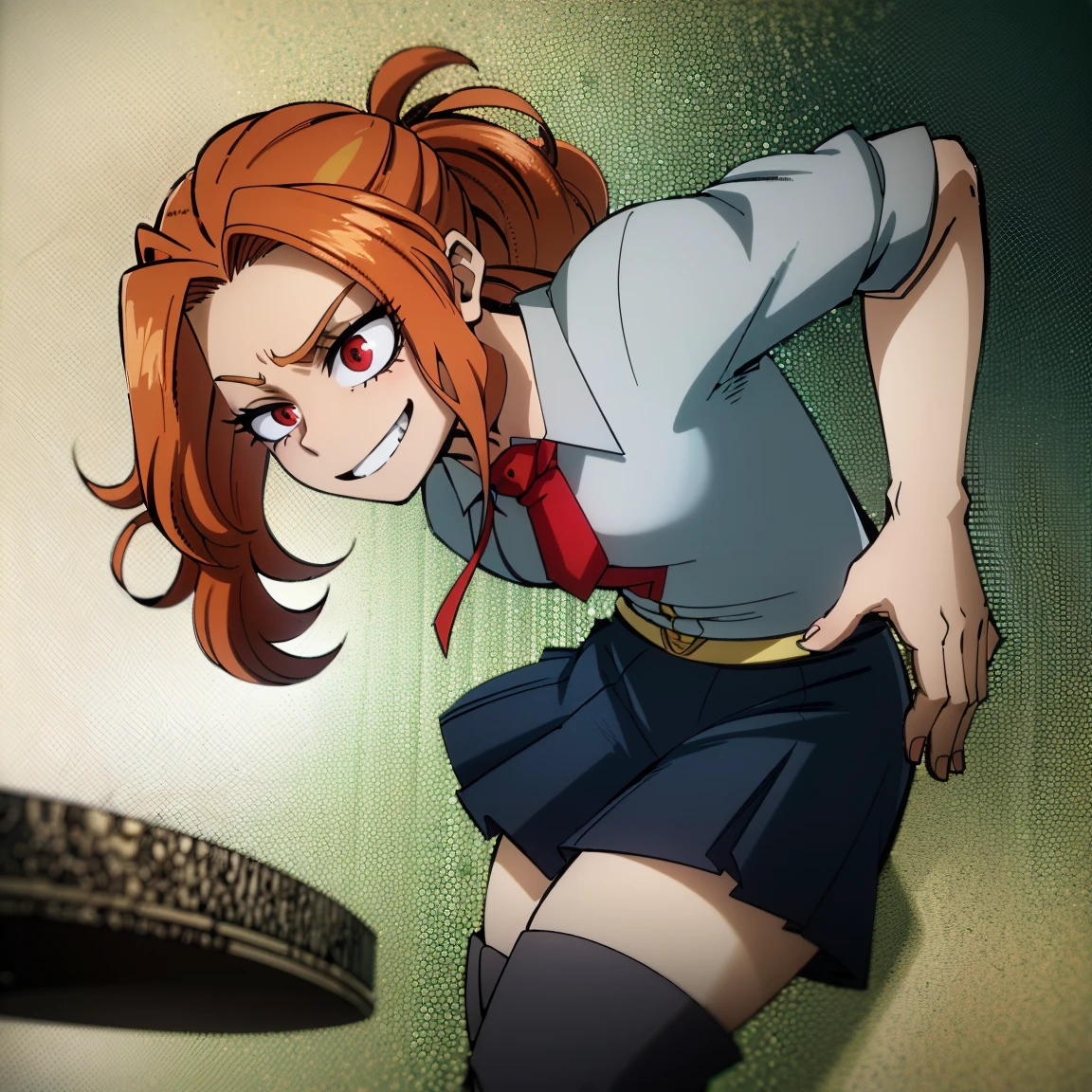 1girl, female focus, adagio dazzle, boku no hero academia, masterpiece, best quality, very aesthetic, absurdres, curly ponytail hair, orange hair, crimson eyes, smirk, gray jacket, red tie, white shirt, teal skirt, gray tights, boots 