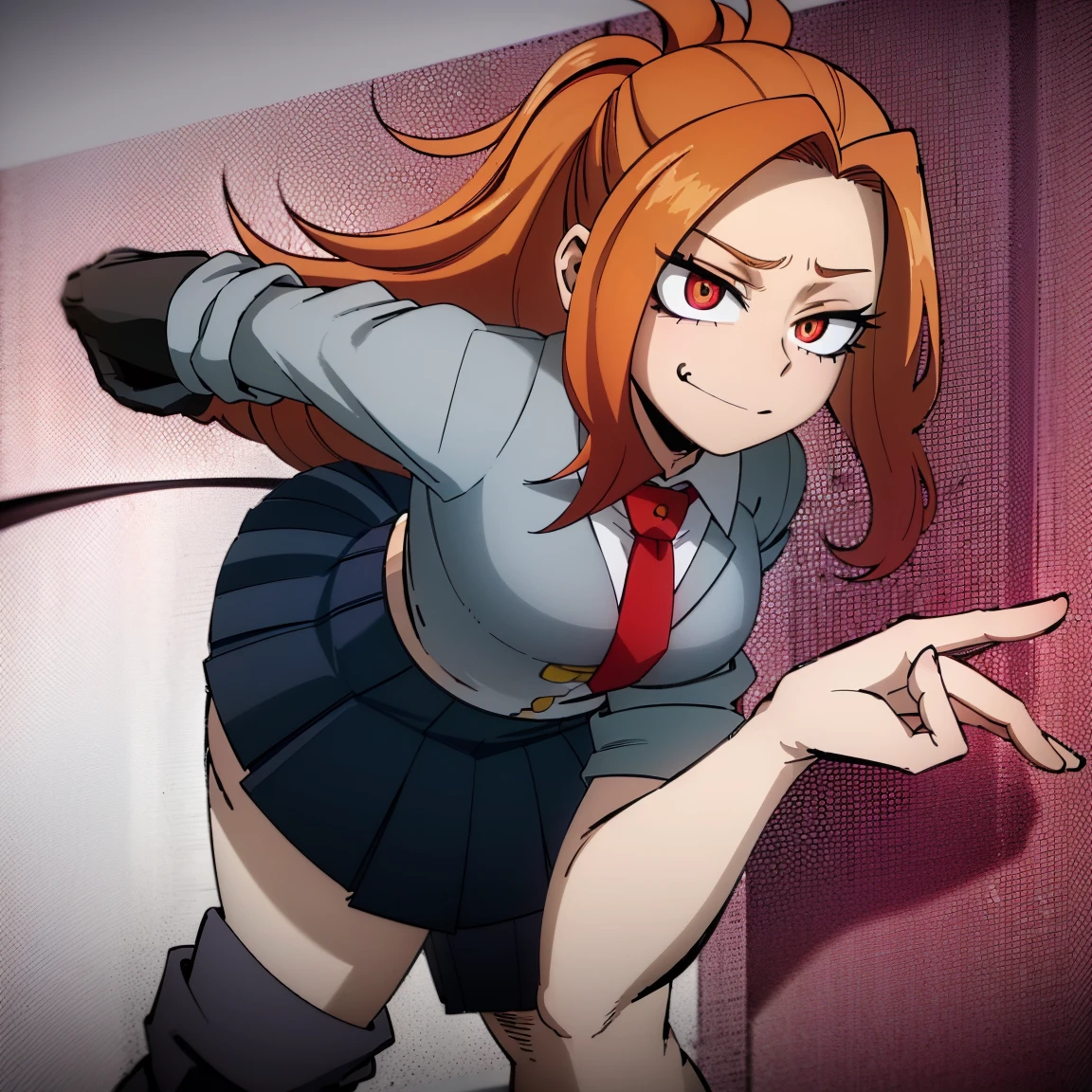 1girl, female focus, adagio dazzle, boku no hero academia, masterpiece, best quality, very aesthetic, absurdres, curly ponytail hair, orange hair, crimson eyes, smirk, gray jacket, red tie, white shirt, teal skirt, gray tights, boots 