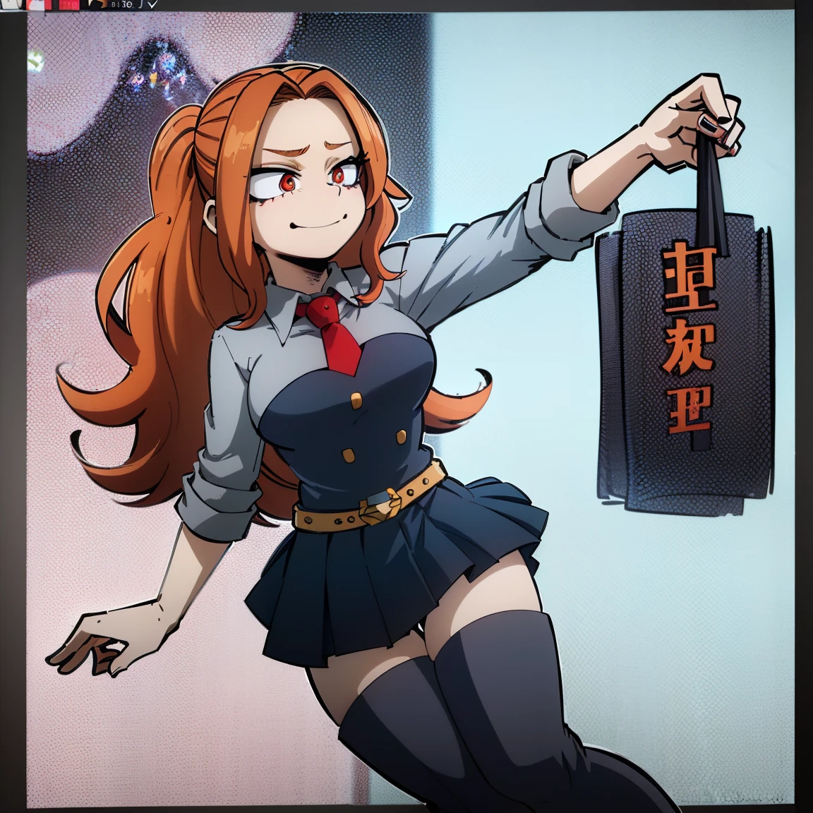 1girl, female focus, adagio dazzle, boku no hero academia, masterpiece, best quality, very aesthetic, absurdres, curly ponytail hair, orange hair, crimson eyes, smirk, gray jacket, red tie, white shirt, teal skirt, gray tights, boots