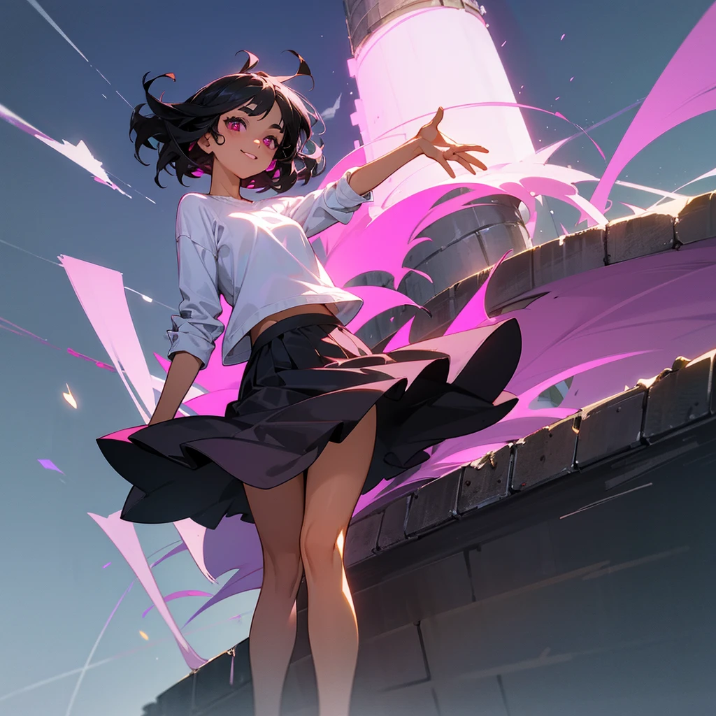 1female, young adult, tan skin, finely detailed magenta eyes, straight medium hair, black hair, skirt, casual clothing, standing on ruined building, night time, happy expression