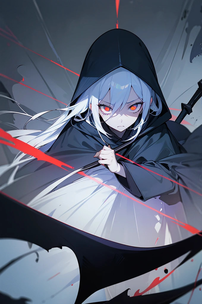 beautiful illustration, scary face, ((intimate darkblue mist background), (scythe), ((solo)), (best quality), (Grim Reaper girl), black tights, , visible through hair, (wearing grim reaper clothes), (hood), skull skin, (transparency white hair), pointed end blue, skull eye, (perfect anatomy), (phantom monsters), blood, masterpiece,,insanevoid, glowing eyes, extra eyes, horror \(theme\)