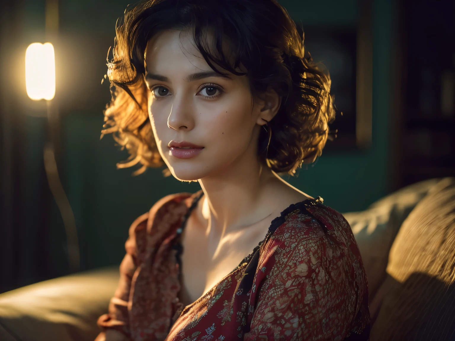 bloom, lens reflection, (8k, RAW, professional, best quality, masterpiece: 1.2), (realistic, photorealistic: 1.37), ultra-detailed, (wide-angle 25mm portrait), (most detailed skin: 1.2), very detailed face, cinematic lighting, 1girl, curly black hair, (windy), standing on the couch, dark light, looking at the camera, large breasts, black and red blouse