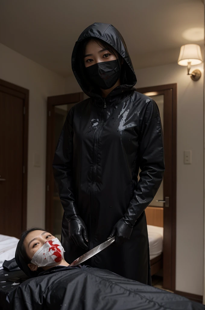 korean girl, (behind corpse, surgical mask), multiple girls, holding knife, stabbing, black raincoat, black gloves, hood up, room full of blood, black wet suit, holding knife, black gloves, behind corpse, blood splatter, short hair, night, mass murderer, robbery, in the hotel,
