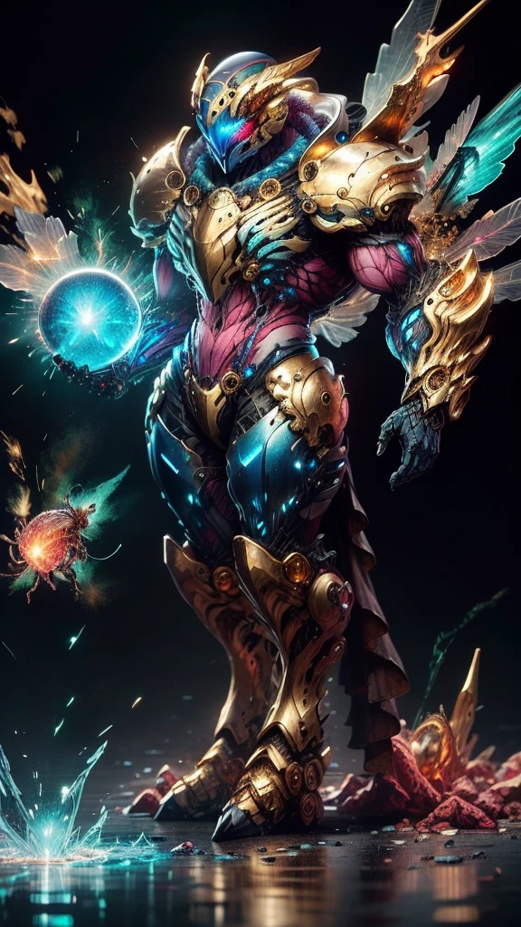 A woman adorned in fantasy-style full-body armor, a crown-concept fully enclosed helmet that unveils only her eyes, a composite layered chest plate, fully encompassing shoulder and hand guards, a lightweight waist armor, form-fitting shin guards, the overall design is heavy-duty yet flexible, (the armor gleams with a golden glow, complemented by red and blue accents), exhibiting a noble aura, she floats above a fantasy-surreal high-tech city, this character embodies a finely crafted fantasy-surreal style armored hero in anime style, exquisite and mature manga art style, (mixture of Queen bee and Spider concept Armor, plasma), ((Element, elegant, goddess, femminine:1.5)), metallic, high definition, best quality, highres, ultra-detailed, ultra-fine painting, extremely delicate, professional, anatomically correct, symmetrical face, extremely detailed eyes and face, high quality eyes, creativity, RAW photo, UHD, 32k, Natural light, cinematic lighting, masterpiece-anatomy-perfect, masterpiece:1.5