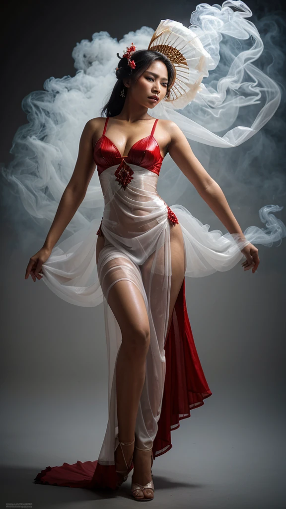 dancing javanese woman in white and red smoke, translucent traditional dress, smoke, vapor, art Nouveau, dynamic sensual pose, full figure, smoky hair, perfect facial features, clear realistic eyes, perfect mouth, smooth skin, weathercore, mythical, vorticism, 8k