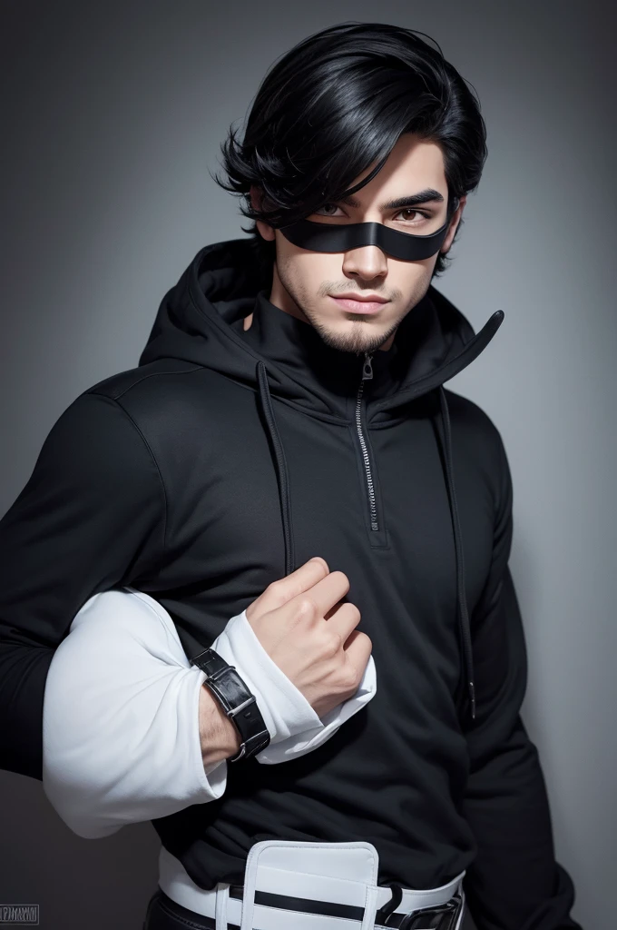 make a picture of a male cartoon character, with a black mask, cobrindo apenas  a parte da boca, um cabelo branco estiloso, um moletom preto com desenho de bomba nele