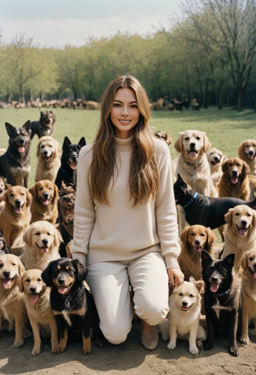 woman with light brown long  hair in the center and 50 dogs around her , a lot of dogs on a background, film photo