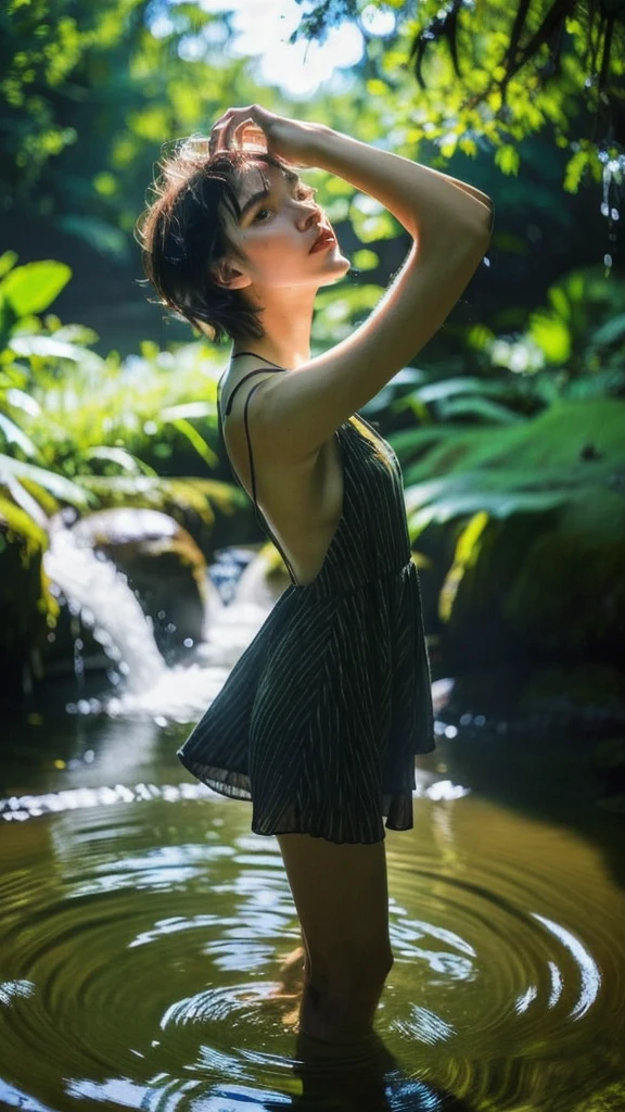 Best quality, masterpiece, ultra high res, (photorealistic:1.5), full body shot from a danish young pretty women wearing sundress with woolen fabric submarged in water with waterfall in background, dark forest atmosphere, dynamic deep shadow, low key, sunlight exposure on the face, dancing pose, short hair, (masterpiece:1.2), textured skin, motion blur effect, best quality, 8k, dark moody, realism, zenit analog camera shot, aesthetic art photorealistic, trending photo shot in 2024