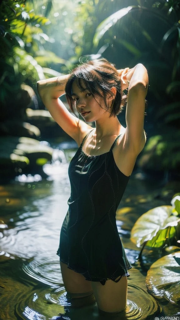 Best quality, masterpiece, ultra high res, (photorealistic:1.5), full body shot from a danish young pretty women wearing sundress with woolen fabric submarged in water with waterfall in background, dark forest atmosphere, dynamic deep shadow, low key, sunlight exposure on the face, dancing pose, short hair, (masterpiece:1.2), textured skin, motion blur effect, best quality, 8k, dark moody, realism, zenit analog camera shot, aesthetic art photorealistic, trending photo shot in 2024