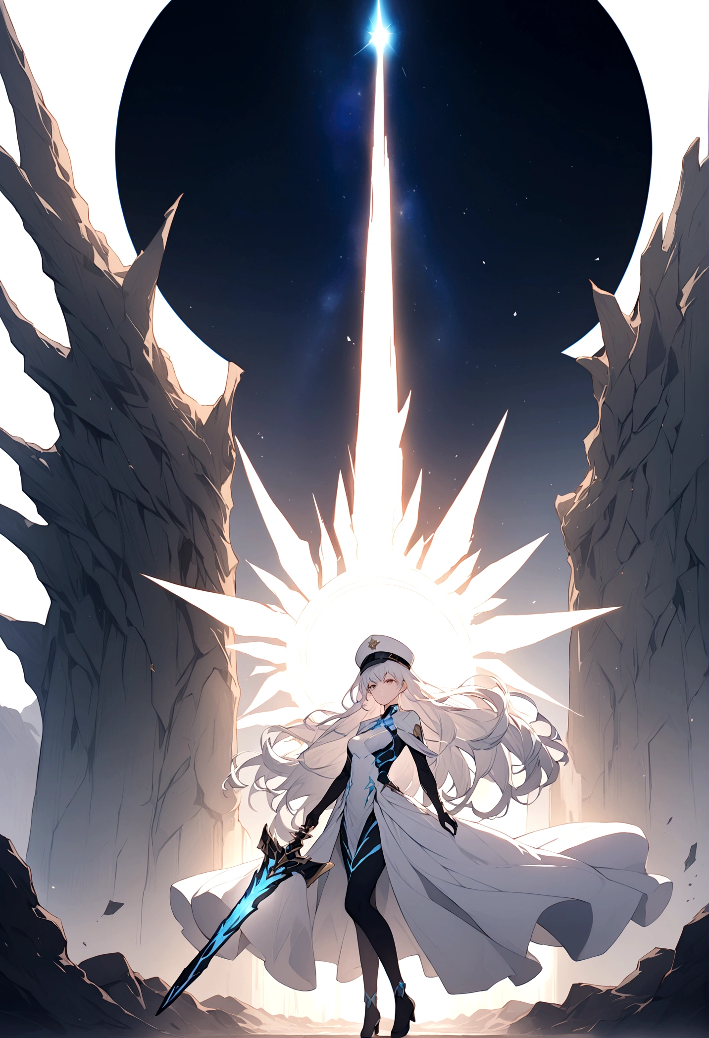 Picture a scene steeped in the depths of space science fiction warfare, where a female commander emerges as the embodiment of resilience and command. Her presence is striking, with white hair that cascades like a cosmic waterfall, tinged with a subtle shade of glowing blue, reminiscent of the distant nebulas. She stands boldly in the midst of an burned interstellar conflict to punish the wicked, her modern advanced space uniform pristine and decorated with the emblems of her esteemed position as a commander. The commander’s hat she wears is not just a piece of attire but a symbol of her earned authority. Clutched in her grasp is a mystical sword, its blade alight with an ethereal blue flame that whispers of ancient power and forgotten lore. As she raises the sword, it seems to resonate with the energy of the cosmos itself. Behind her, the theater of war is set against the breathtaking backdrop of a contact binary star system, its twin suns weaving a dance of light spark and gravity that illuminates the void. Their connection forges a radiant arc across the sky, a bridge between worlds and a beacon in the tumultuous dark. This image seeks to capture the commander’s indomitable spirit, the fierce beauty of her unique appearance, and the grandeur of the universe that serves as the stage for this epic saga