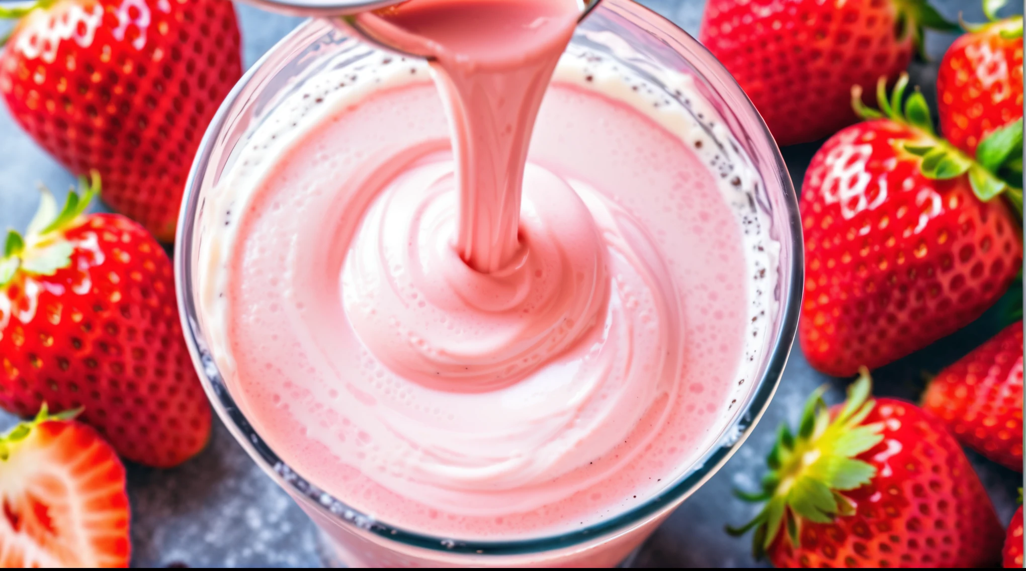 araffe with a spoon is pouring a strawberry cream into a glass, vanilla smoothie explosion, strawberry ice cream, milkshake, yogurt, ๐ ๐ง ๐ ๐ง, drink milkshakes together, smooth blending, stunning image, ๐ ๐ก ๐ ๐ง, beautiful image, pouring, drinking a strawberry iced latte, viscous, mesmerising, creamy skin, blender
