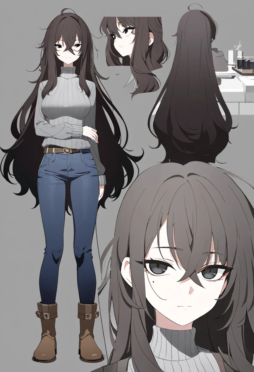 One Woman,Downer,older sister,Concept Art,Dark brown hair,Straight hair with slight inward curls,Staring eyes,Eye Ridge,black eye,Crossed bangs,whole body,smile,Slightly larger breasts,Gray background,Bangs that reach down to the eyes,Messy hair,Tight dark jeans,Gray turtleneck sweater,Multiple views of the same character,Character Design,Dark circles under the eyes,Bad look,Listless,Sloppy,Silver Jewelry,Cafe staff,Holding a cigarette,whole bodyCharacter Design,Detailed hands,Height: 170cm,boots,
