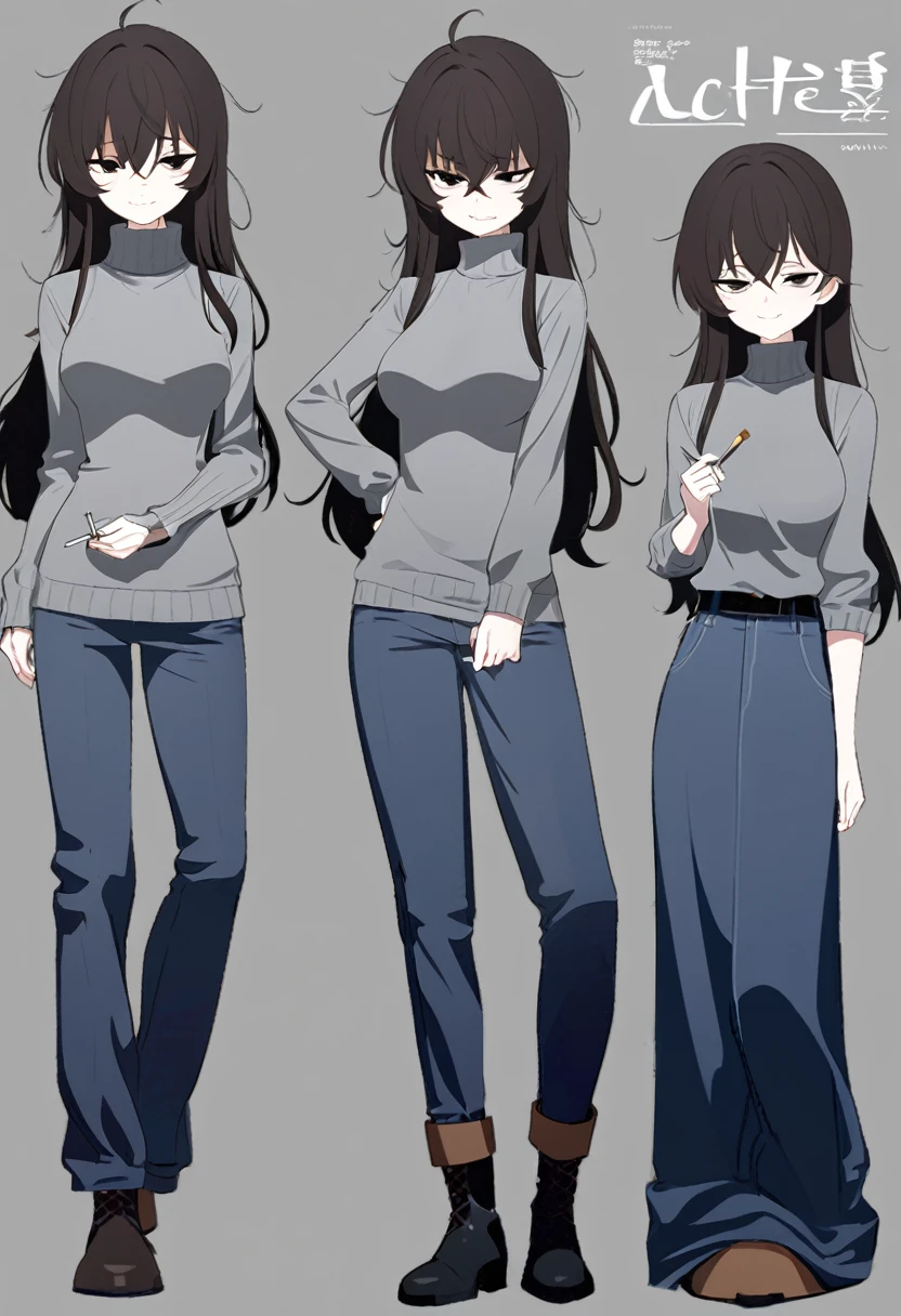 One Woman,Downer,older sister,Concept Art,Dark brown hair,Straight hair with slight inward curls,Staring eyes,Eye Ridge,black eye,Crossed bangs,whole body,smile,Slightly larger breasts,Gray background,Bangs that reach down to the eyes,Messy hair,Tight dark jeans,Gray turtleneck sweater,Multiple views of the same character,Character Design,Dark circles under the eyes,Bad look,Listless,Sloppy,Silver Jewelry,Cafe staff,Holding a cigarette,whole bodyCharacter Design,Detailed hands,Height: 170cm,boots,
