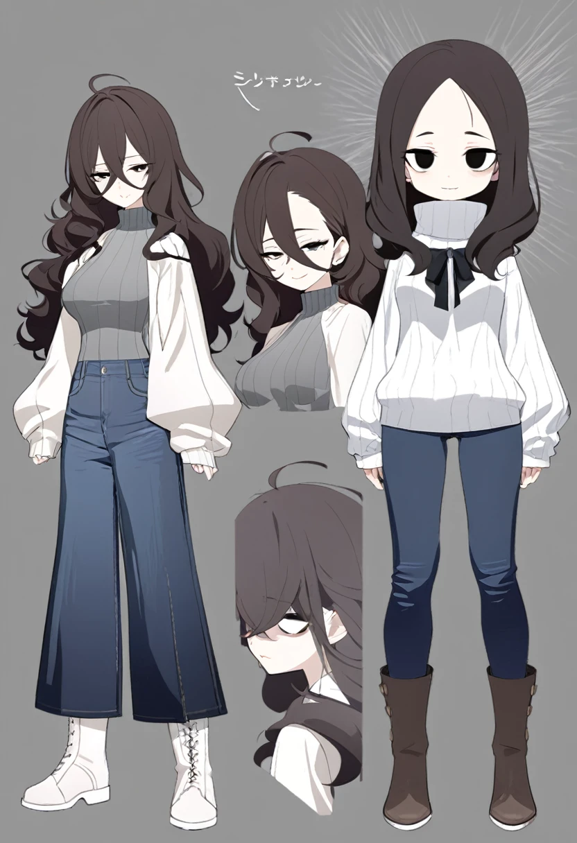 One Woman,Downer,older sister,Concept Art,Dark brown hair,Straight hair with slight inward curls,Staring eyes,Eye Ridge,black eye,Crossed bangs,whole body,smile,Slightly larger breasts,Gray background,Bangs that reach down to the eyes,Messy hair,Tight dark jeans,Gray turtleneck sweater,Multiple views of the same character,Character Design,Dark circles under the eyes,Bad look,Listless,Sloppy,Silver Jewelry,Cafe staff,Holding a cigarette,whole bodyCharacter Design,Detailed hands,Height: 170cm,boots,